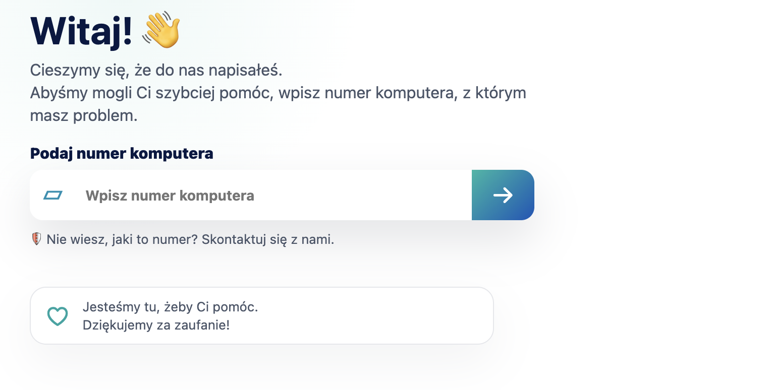 Dedykowana strona zgłoszeń ticket.fit4it.pl z polem numeru komputera